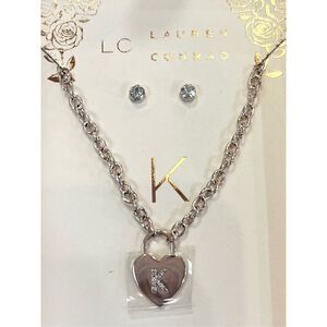 Lauren Conrad “K” Initial Heart & Rhinestone Necklace & Post Earring Set New Dam